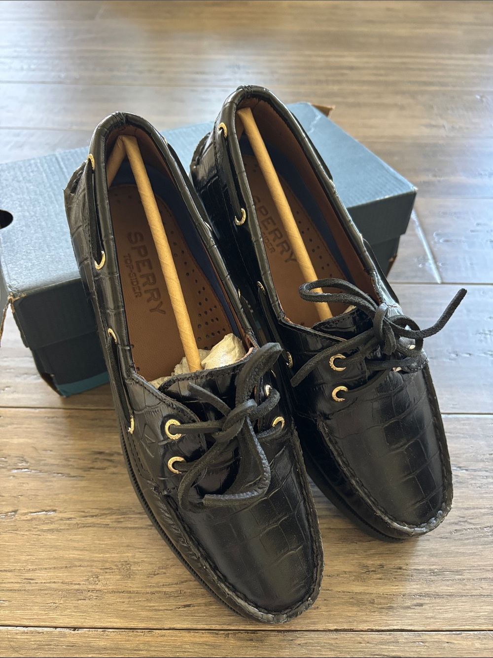 Sperry Black Croc-Embossed Lace-Up Boat Shoes